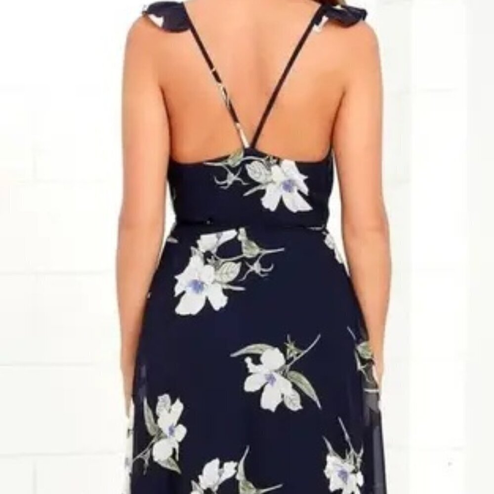 LULUS All Mine Navy Blue Floral PrintHigh-Low Wrap Dress size M Resort Vacation - Picture 2 of 10